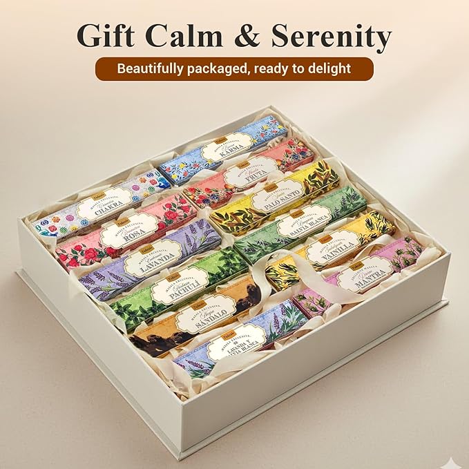 Tulasi Incense Sticks Set of 12 Scents (180 Sticks) Variety Natural Fragrances - Lavender, White Sage, Patchouli, Rose, Chakra, Mantra, Sandalwood, Palo Santo, Fruit for Positive Vibes, Thanks Giving