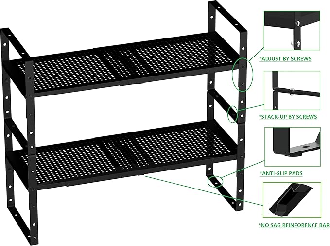 Wobmmi Expandable Shoe Rack Stackable Metal Pantry Storage Shelves Stand Adjustable Height Cabinet Shelf Organizer Racks Spice Shelving (1PACK/BLACK, LARGE)