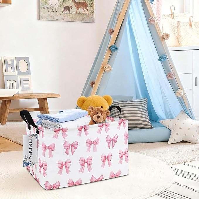 Rectangular Kids Laundry Basket Girls' Waterproof Storage Bins Pink Gift Basket Suitable For Home Decoration Office and Toy Storage(Pink Knot)