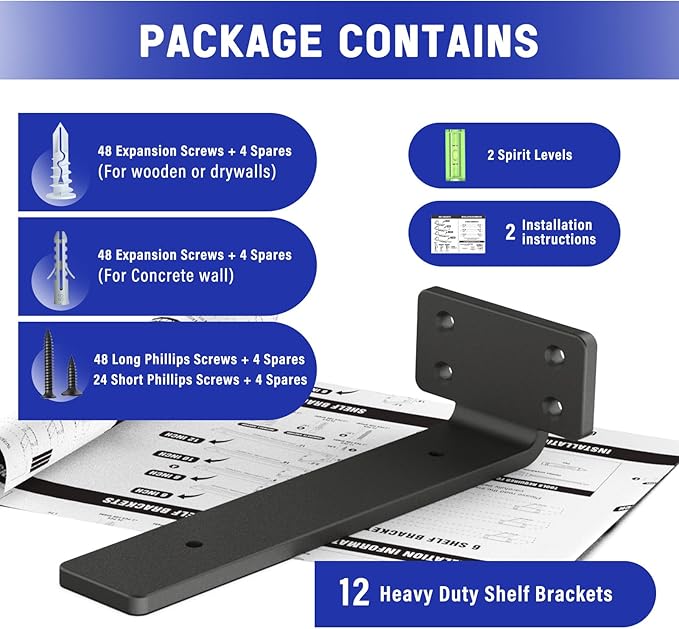 Goovilla Shelf Bracket, Heavy Duty Floating Shelf Brackets 8 inch Long, 12 Pack Brackets for Shelves, Black Coated Metal Wall Shelf Support Brackets with 1/5 Inch Thick and 160 lb. Load Capacity