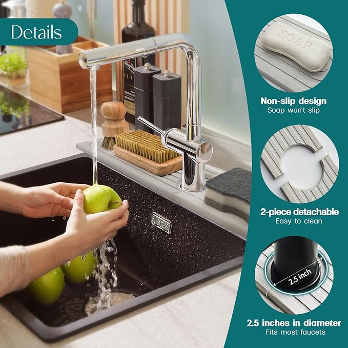 Kitchen Sink Faucet Mat - 15.7in Diatomite Sink Protectors for Kitchen Sink, Stone Sink Splash Guard for Kitchen Counter Sink Accessories (Light Grey, 15.7'' x 3.9'')