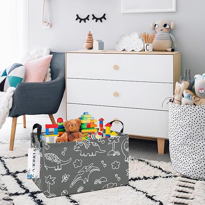 Rectangular Dinosaur Basket Waterproof Storage Bin Gift Box Children's Toy Organizer Box Room Decoration Basket (Gray Line Dinosaur)