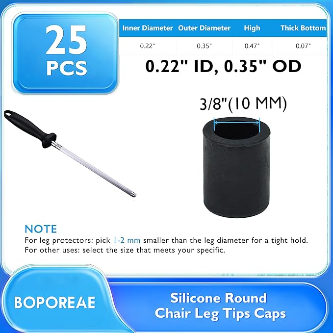 BOPOREAE 25 Pcs 15/64"(6 mm) Round Chair Leg Tips Caps, Silicone Rubber Furniture Leg Floor Protectors, Reduce Noise Folding Metal Chair Leg Cap Replacement for Bar Stool Leg Patio Indoor, Black