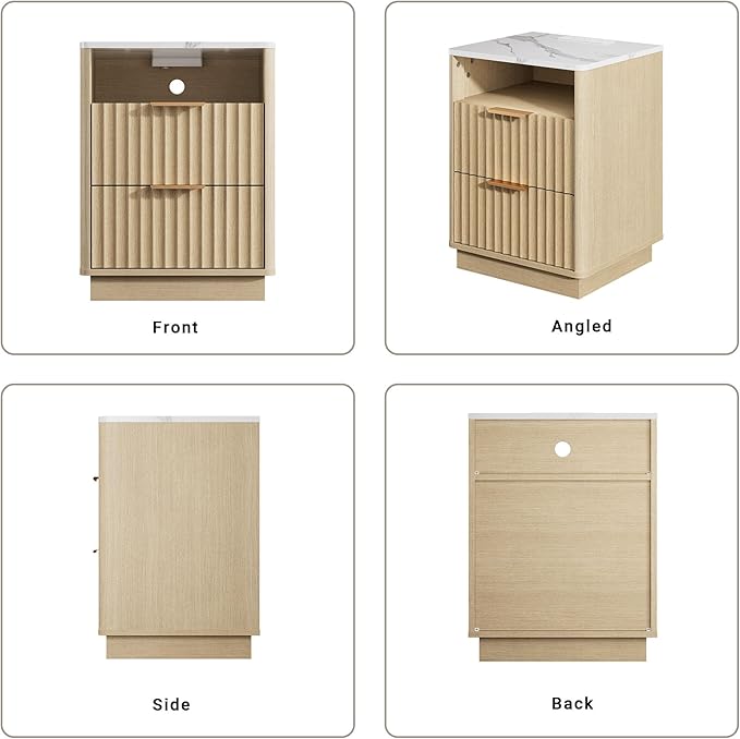 Fluted Nightstand with Charging Station, 18" Modern Night Stand with Faux Marble Top, 2 Drawers End Table with Storage, Bedside Table for Bedroom Living Room, Curved Profile (Natural Oak)