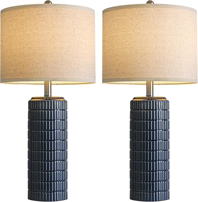 PoKat 27.5'' Tall Table Lamps for Living Room Set of 2, Ceramic Bedroom Lamps for Night Stands, Modern Bedside Lamps for Bedroom Living Room, Nightstand Lamps for Side End Table Hallway, Blue