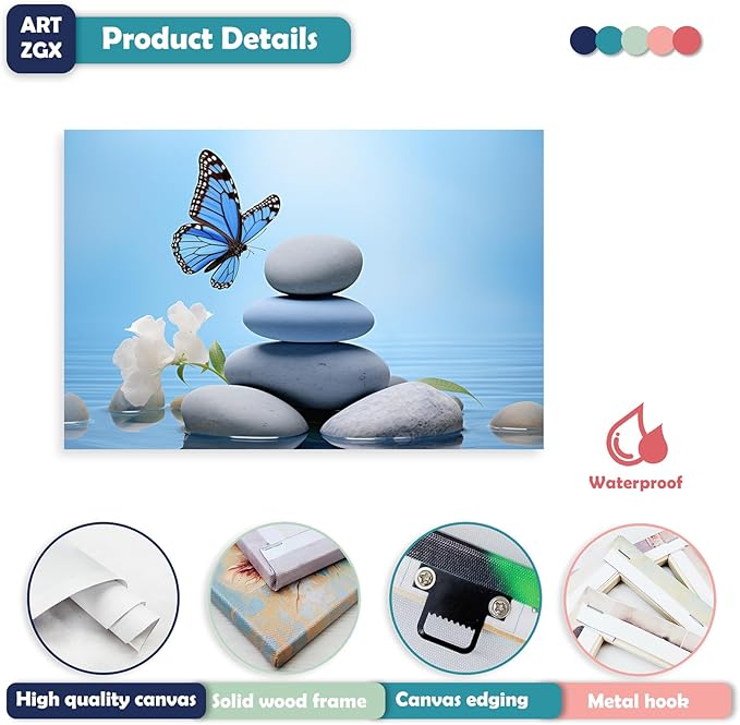 ARTZGX Zen Wall Art for Bathroom Zen Stone Picture Blue Butterfly Painting Still Life Artwork for Yoga Room Decor Frame(Zen - C 20.00" x 30.00")