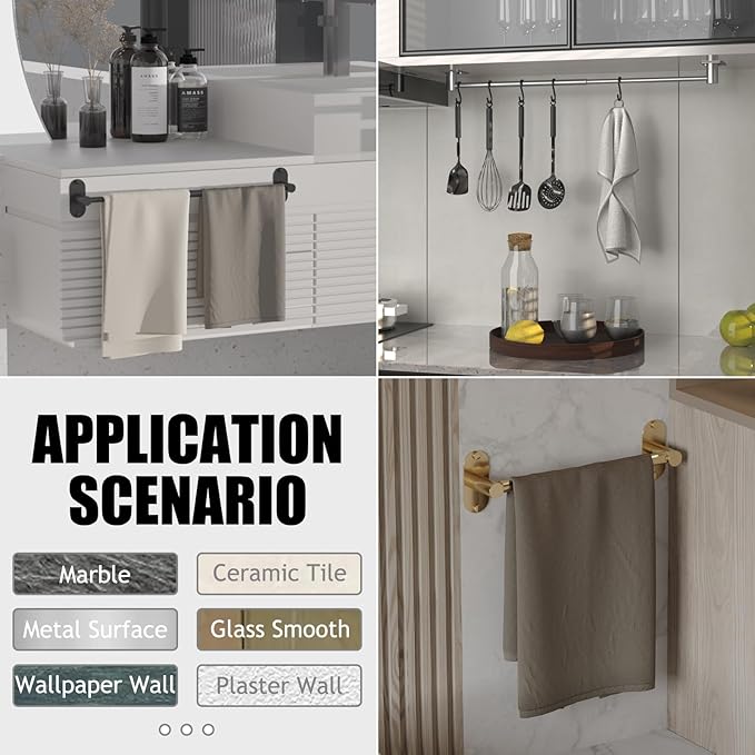 MIROAMZ Towel Bar, Adjustable 14.4inch - 25.2inch Towel Rack, Self Adhesive Wall Mounted for Bathroom Kitchen Hand Towel Holder Cloths Hanger 304 Stainless Steel Organizer Single Bar (Brushed Nickel)
