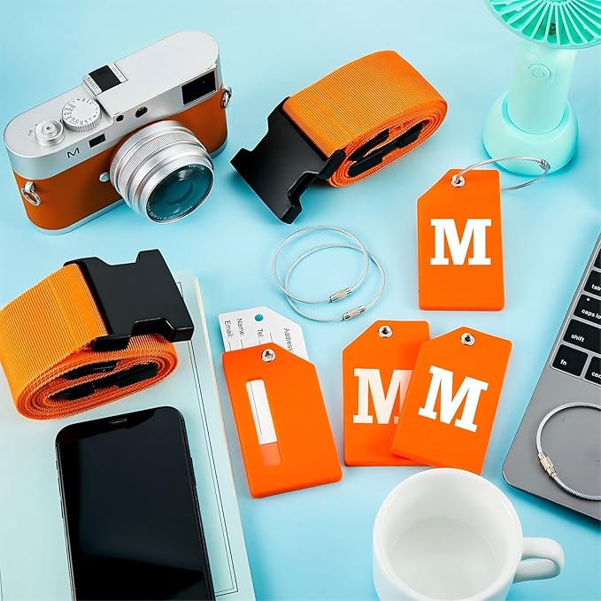 Weewooday 8 Pcs Luggage Straps Suitcase Tags Set for TSA Approved, 4 Travel Adjustable Suitcase Belt, 4 Silicone Luggage Tags with Name ID Card Travel Accessories (Light Orange, M)