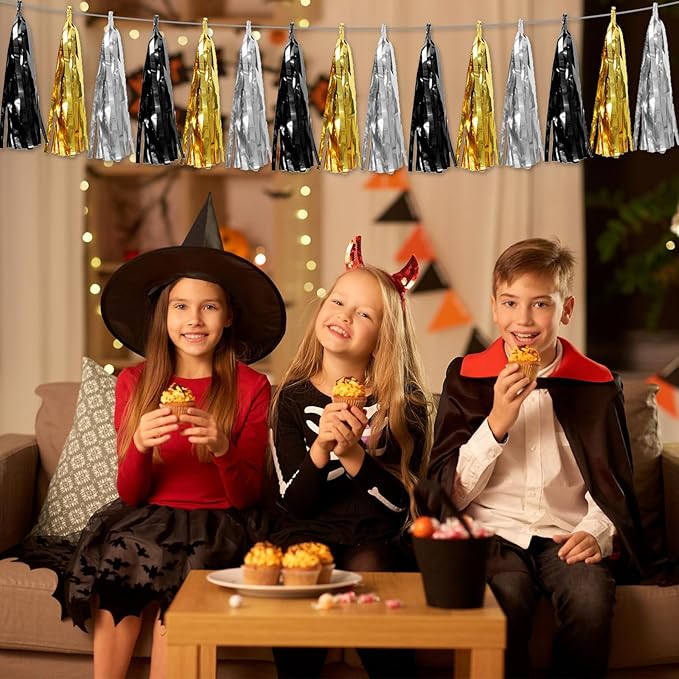 4P Black Gold Silver Foil Fringe Tassel Garland Banner Metallic Tinsel Streamers Wall Hanging Curtain Backdrop Banner for Parade Floats, 2025 Graduation Decorations, New Year's Decorations, Father's Day