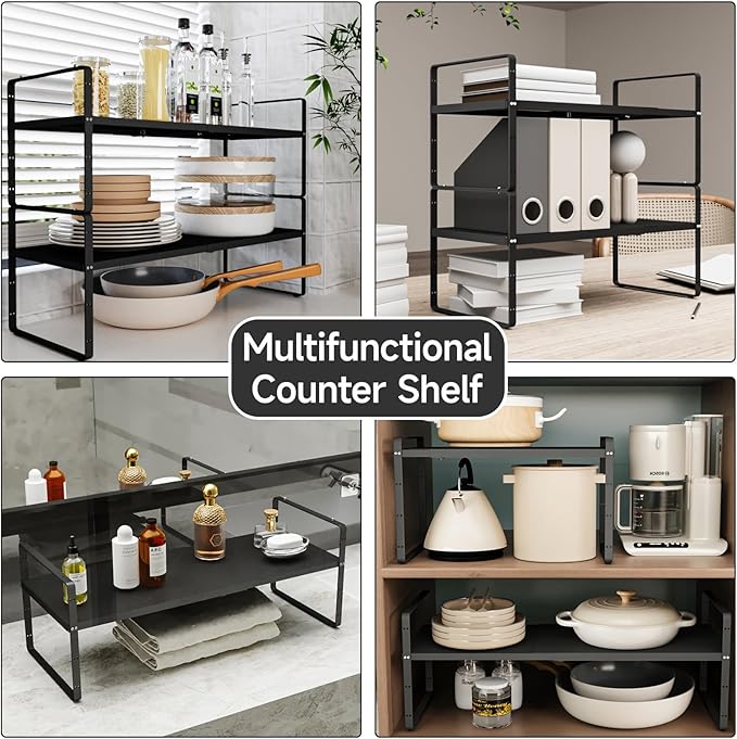 16.5-27"L Expandable Kitchen Shelf Organizer, Stackable Shelf Organizer, Adjustable Height Pantry Spice Rack for Cabinet, Countertop, Pantry, and Cupboard, Black