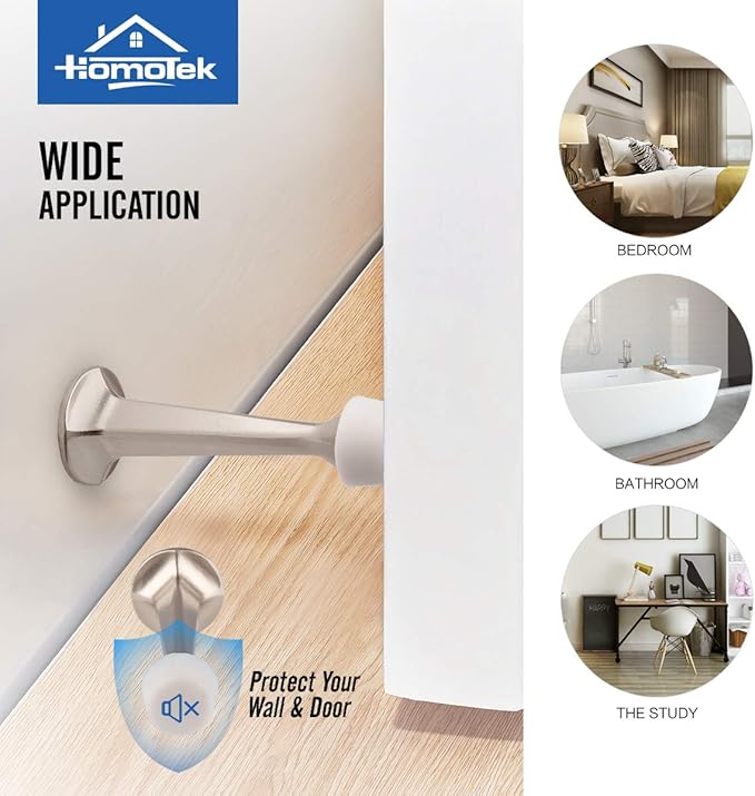 HOMOTEK 8 Pack Heavy Duty Solid Rigid Door Stop with Soft Rubber Tip, Zinc Die Cast Door Stopper Protect Wall & Door, Satin Nickel