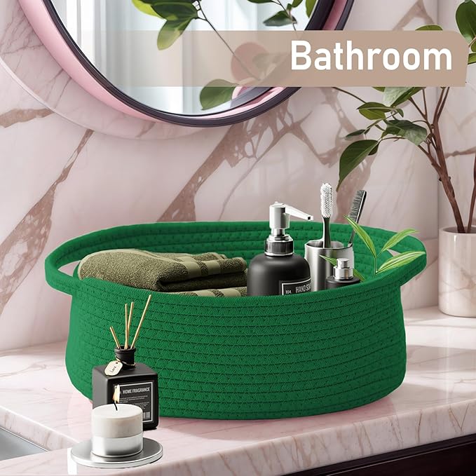 Woven Basket,Small Rope Storage Bin with Handles & Ribbon Bag, Organizer for Shelves Closets,Gift Basket Empty for Birthday,Books,Dog Toys, Green/2 Pack