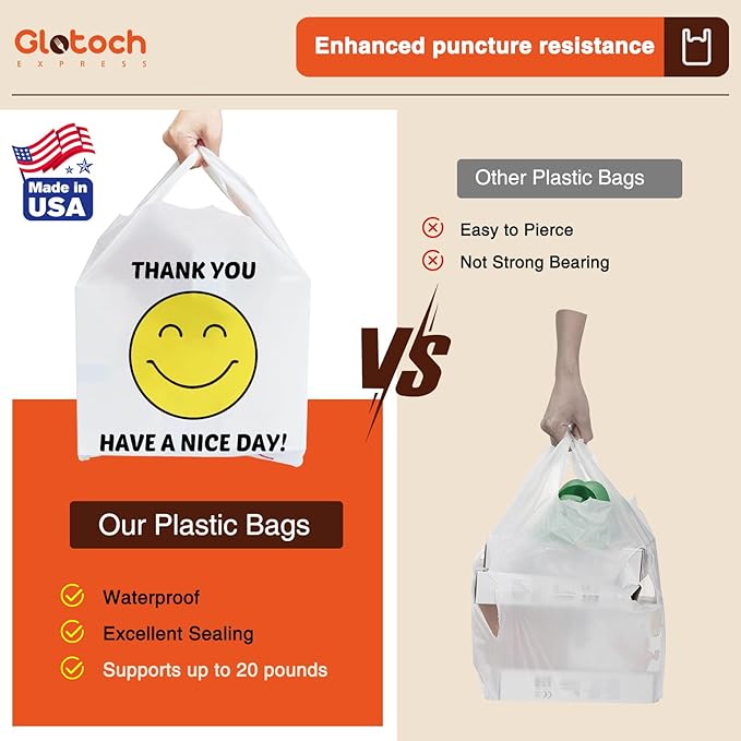 Glotoch 1000 Count Plastic Thank You T-shirt Bags Smile Face, 11.5 x 6.5x 21" HAVE A NICE DAY Grocery Shopping Gift Bag with Handle for Restaurant, Retail, Takeout, Convenience Store, in Bulk Business