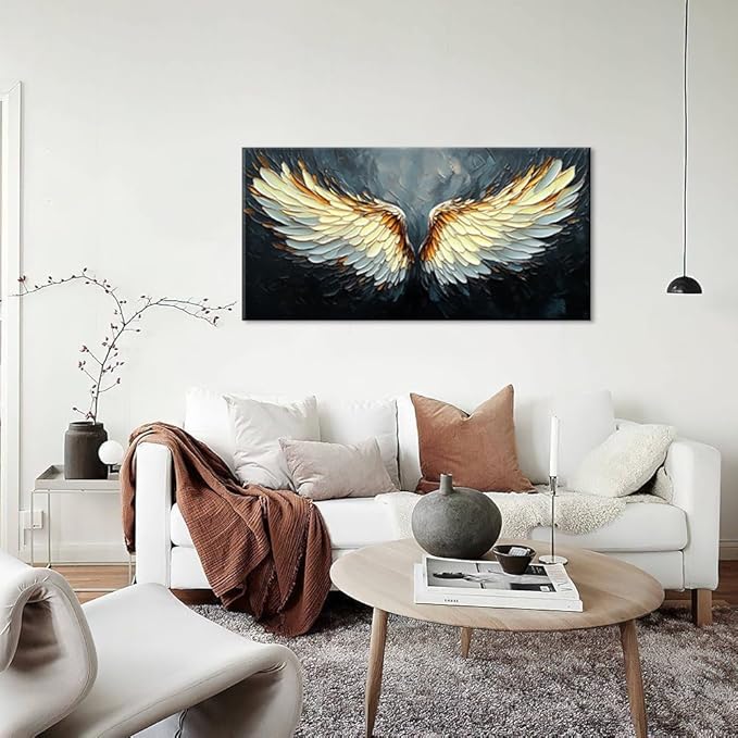 ZESTRILIA Angel Wings Wall Art for Girls Room Gold Gray Canvas Oil Painting Prints Modern Abstract Fantasy Anime Artwork Living Bedroom Office Decor (30x16 Inches)