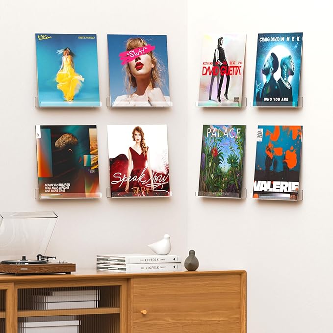 upsimples 4 Pack Vinyl Record Wall Mount Shelves, 12" Vinyl Holder for Album Record Storage & Display, Clear Acrylic Floating Shelves for Wall Decor, Kids Bookshelf, Magazine Rack, Picture Ledge