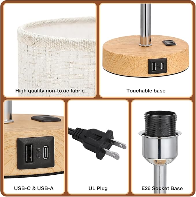 Dicoool Touch Bedside Table Lamp with USB - 3 Way Dimmable Wood Lamp for Bedroom Nightstand, Desk Lamp with Charging Station for Dorm, Office, Kids Room, Living Room