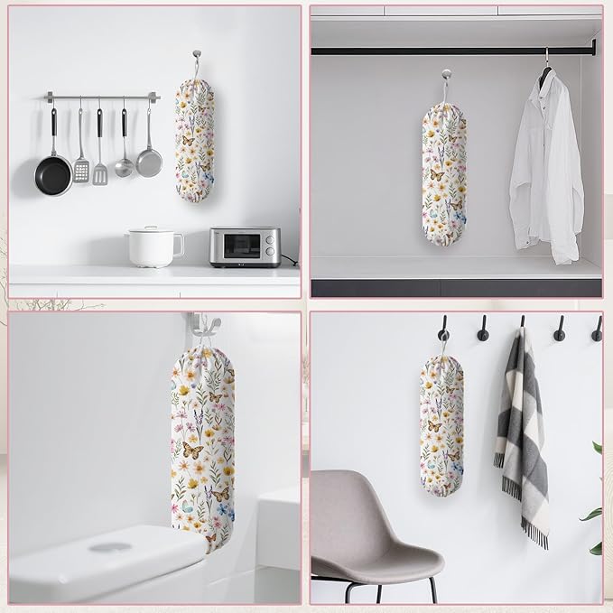 Plastic Bag Holder, Grocery Bag Organizer Storage, Kitchen Dispenser Holders Reusable Shopping with Adjustment Drawstring Closure for Kitchen Farmhouse Decor, Vintage Floral