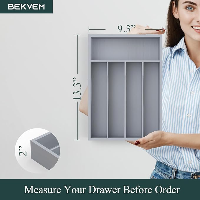 Silverware Organizer, Bamboo Kitchen Drawer Organizer, Utensil Holder, Cutlery Tray & Spoon Flatware Storage with Grooved Drawer Dividers(5 Slots, Grey)