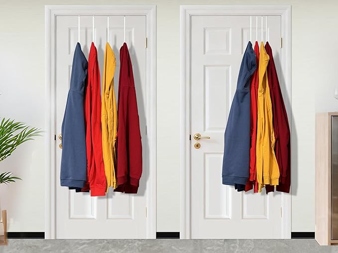 Over The Door Metal Hooks with Plastic Coating 10" Fit 0.5" to 1 3/8" Door 4 Pcs Heavy Duty Single Towel Robe Rack Wreath Bathroom Shower Hanger Shoe Organizer Ironing Board Long White