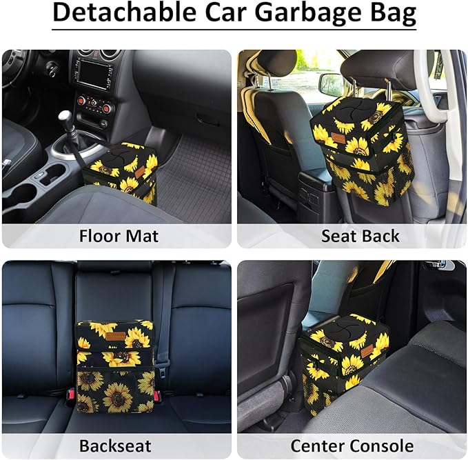 ELONGRIVER Car Trash Can Bin for Back Seat Leak Proof, Cute Car Trash Bag Hanging, Vehicle Trash Can for SUV Truck Van, Automotive Garbage Cans Front Seat Sunflower Floral