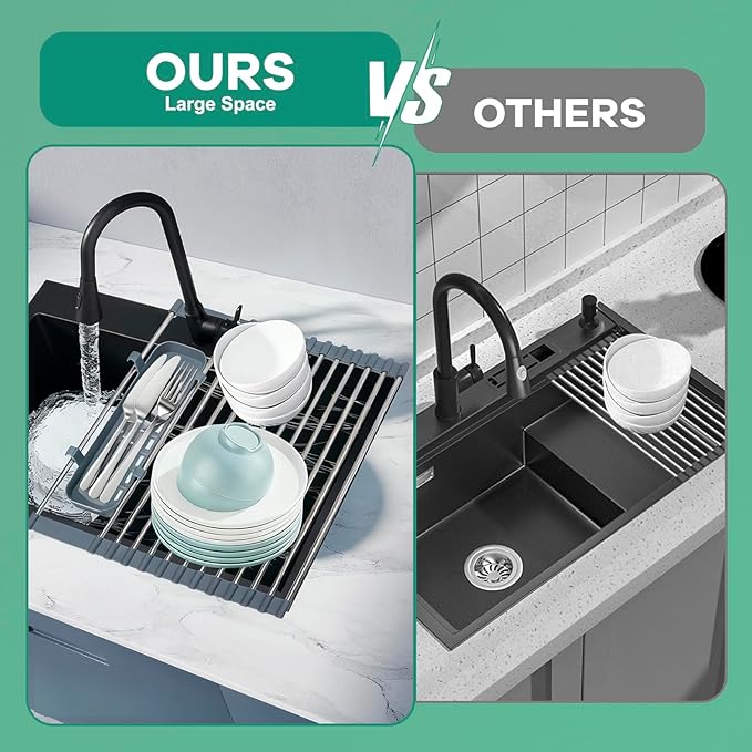 Extra Large Expandable Roll Up Dish Drying Rack, 22.8 x 17.3 in with Expandable Storage Basket Over The Sink Rolling Dish Drainer, Foldable Sink Dish Drainer for Kitchen Counter