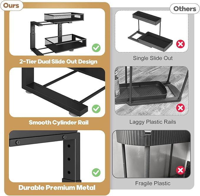 2 Packs 17IN Depth Under Sink Organizer, 2-Tier Pull Out Cabinet Organizer With Smooth Circular Rail, Large Capacity Metal Mesh Sliding Drawers For Bathroom& Kitchen Storage,Height Adjustable –Black