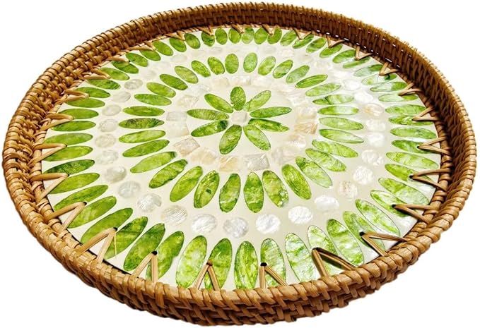Handmade Round Rattan Tray with Mother of Pearl Inlay, Rattan Serving Tray with Wooden Base, Table Decoration with Wicker Baskets, for Storing and Displaying Bread, Fruit, Desserts (Green Grape)