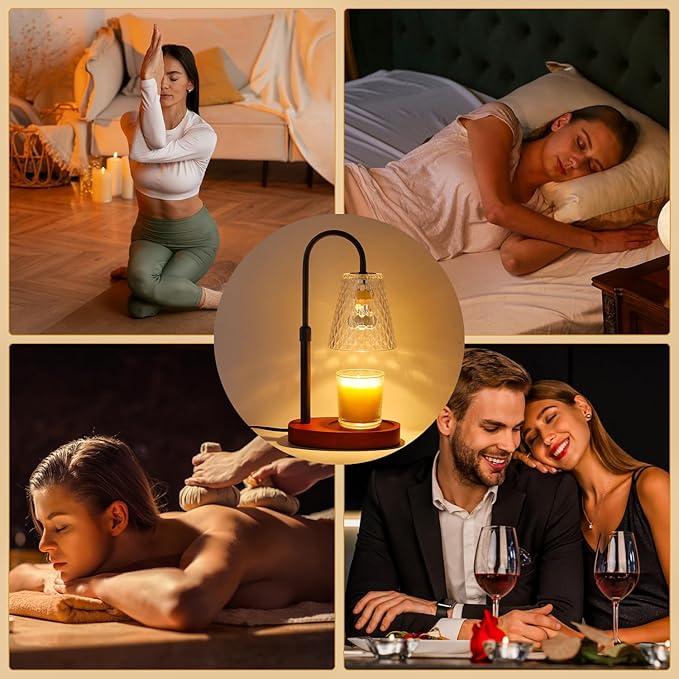 Candle Warmer Lamp with Timer: Electric Candles Warmers Adjustable Height Dimmable - Large Wax Candle Warmers Lamps Scented Flower Light - Home Decor Vintage Wood Base Shade Heat Modern Style Black