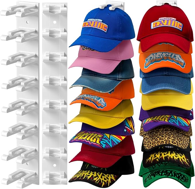 Hat Organizer for Baseball Caps Wall, 2 Pack Hat Holder for Closet Door Holds up to 16 Hats, Hat Hook with Adhesive and 8 Screws, Hat Hanger Cap Holder Hat Hangers for Wall Closet Door Bedroom (A-White)