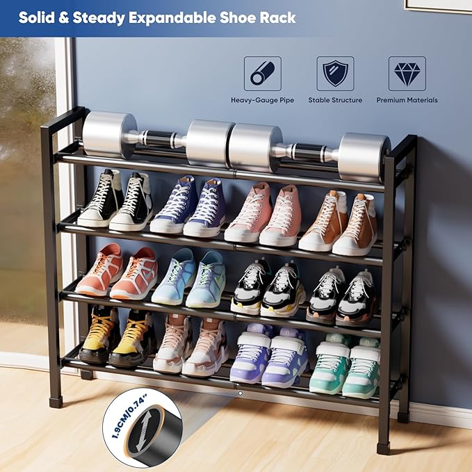Abiglifty 4-Tier Expandable Shoe Rack,17"-33" Adjustable Shoe Rack for Closet,Metal Shoes Shelves for Front Door Entrance, Garage & Corridor, Free Standing Shoe Holders, Easy to Assemble,Black