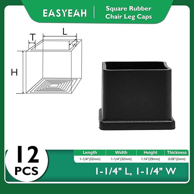 EASYEAH 1-1/4" (32mm) Square Chair Leg Floor Protectors, Black Rubber Chair Leg Caps, Non-Slip Patio Furniture Feet Cap, PVC Chair Feet Covers for Hardwood Floors, Tables & Patio Furniture, 12pcs