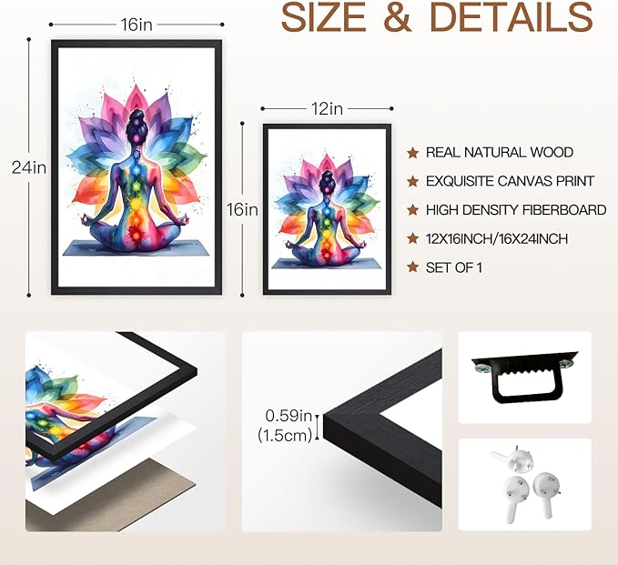 GELDSTEI Wood Framed Zen Wall Art, Chakra Yoga Wall Decor, Colorful Meditation Poster Print, Spiritual Canvas Painting, Vibrant Meditating Woman Aesthetic Picture for Living Room Yoga Studio 12"x16"