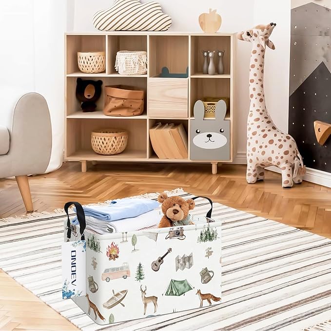Rectangular Folding Laundry Basket, Waterproof Canvas Basket, Gift Basket, Suitable for Children's Room, Office, Clothes, Toy Storage (Outdoor Adventure)