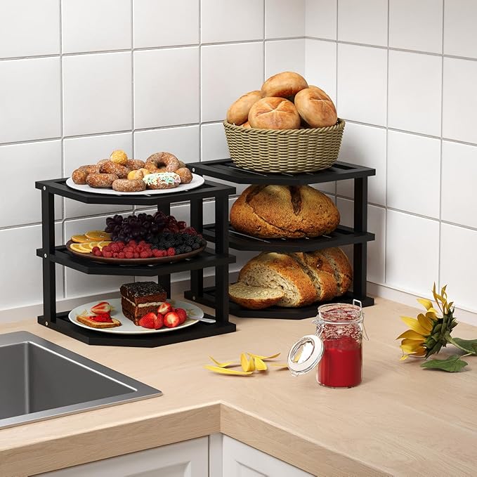 VERTORGAN 3 Tier Bamboo Corner Shelf (4 Pack), Dish Drying Rack, Plate Organizer, Kitchen Spice Rack for Countertop and Cabinet (Black)