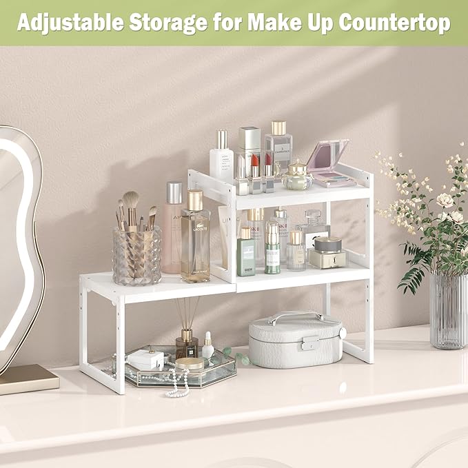 DOLALIKE Expandable Kitchen Countertop Organizer, Stackable Cabinet Shelf Organizers, Space Saving Spice Rack Pantry Storage for Bathroom Office Organization (White, 2 Tier)