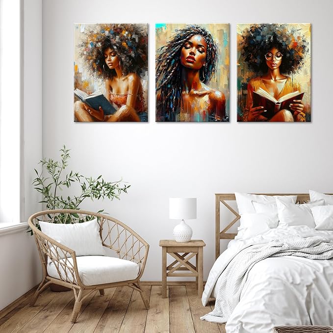 Framed Modern Abstract African American Women Wall Art Set of 3 Painting Canvas Prints,Boho Black Girl with Floral Accents, Inspirational and Trend Poster for Living Room,Bedroom, Office Decor,12X16in