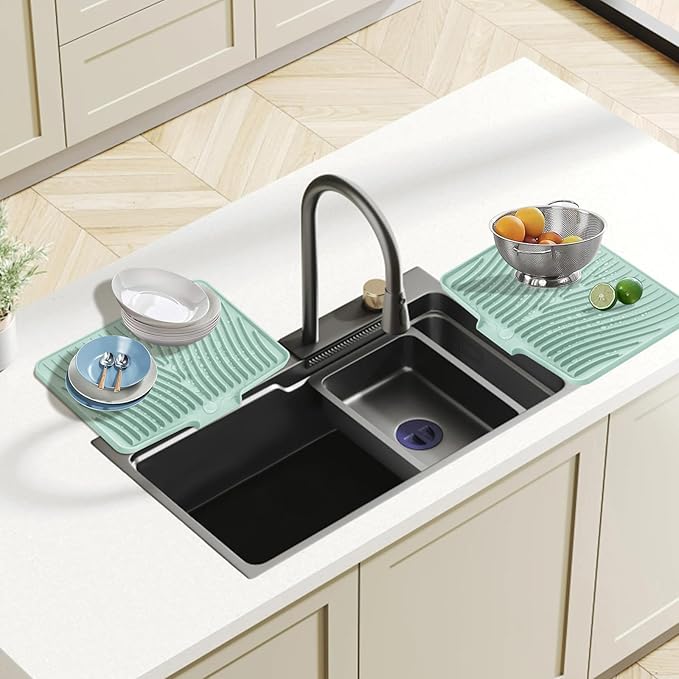 TIKNIK Dish Drying Mat, Stone Drying Mat for Kitchen Counter with Built-in Drain, Non-Slip Drying Matt Kitchen Counter, Heat Resistant Silicone Drying Mat, Dish Drying Pad, 2 Pcs (Mint 20" x 15")