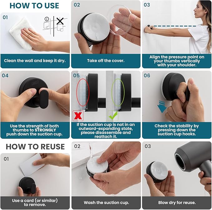 TAILI 304 Stainless Steel Bathroom Suction Hooks for Towel, Bathrobe, Loofah, No Damage Hanging Glass Shower Wall Hook, Patented Strong Suction Cup Holder, Hold Up to 11 Lbs, 2 Pack, Black
