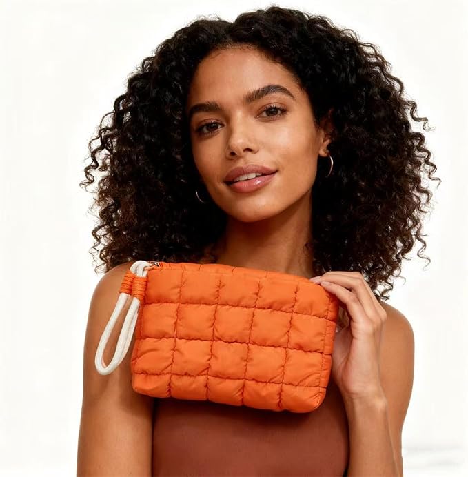 Puffy Quilted Makeup Bag Cosmetic Bag Equipped with a Detachable Handle Cute Zipper Pouch for Storage Clutch for Women(Orange)