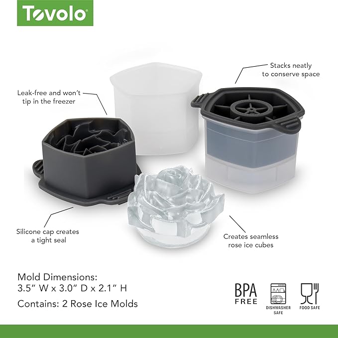 Tovolo Rose Ice Cube Mold Pack of 2 Large Craft Ice Molds for Cocktails Mimosas Whiskey Bourbon, Easy Fill No Leak Silicone 3D Rose Shape Ice Cube Romantic Gift for Adults Dishwasher Safe BPA Free