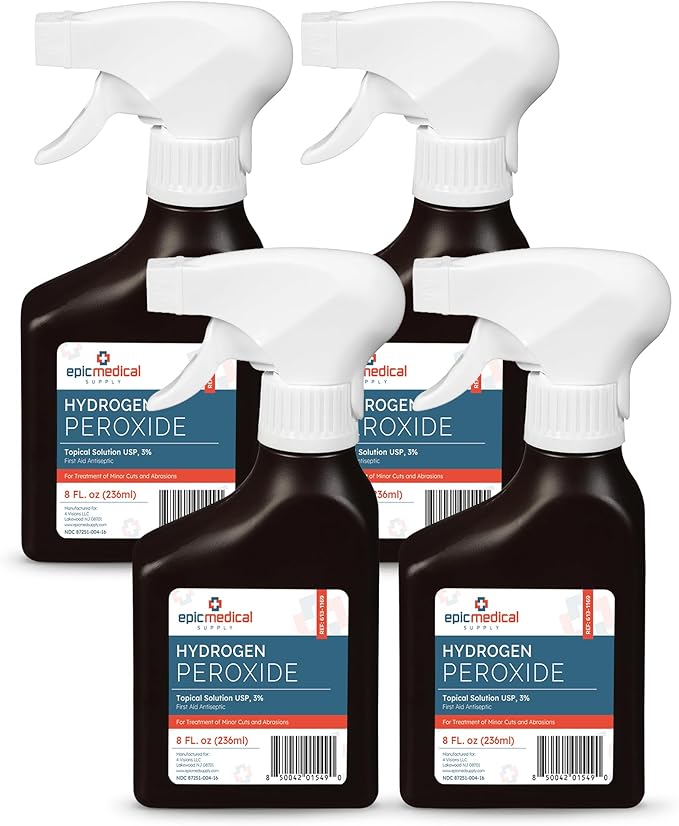 Epic Medical Supply Hydrogen Peroxide Spray 3% USP - First Aid Antiseptic for Cuts & Scrapes - Antiseptic Disinfectant Multi-Purpose Cleaner - 8oz / 236ml Trigger Spray Bottle (4 Bottles)