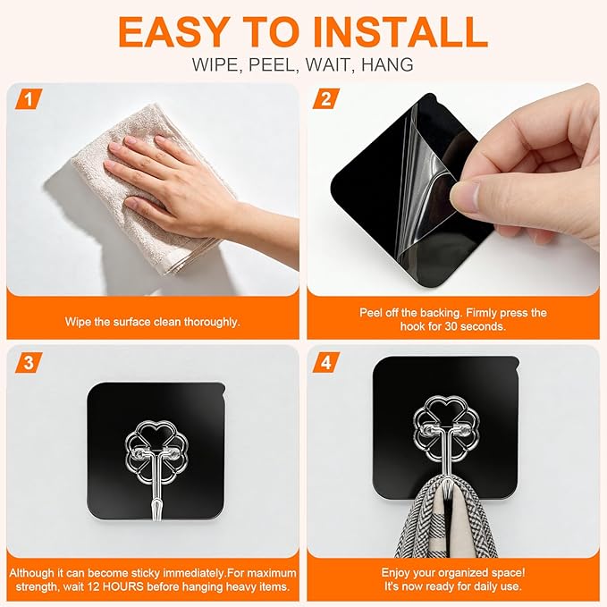DDMY Heavy Duty Hooks Self Adhesive Hooks Newly Black Sticky for Hanging 100 Pack Waterproof Wall and Ceiling Hook with Reusable Adhesive for Shower, Kitchen, Hang Picture, Decorations,RV, No Damage