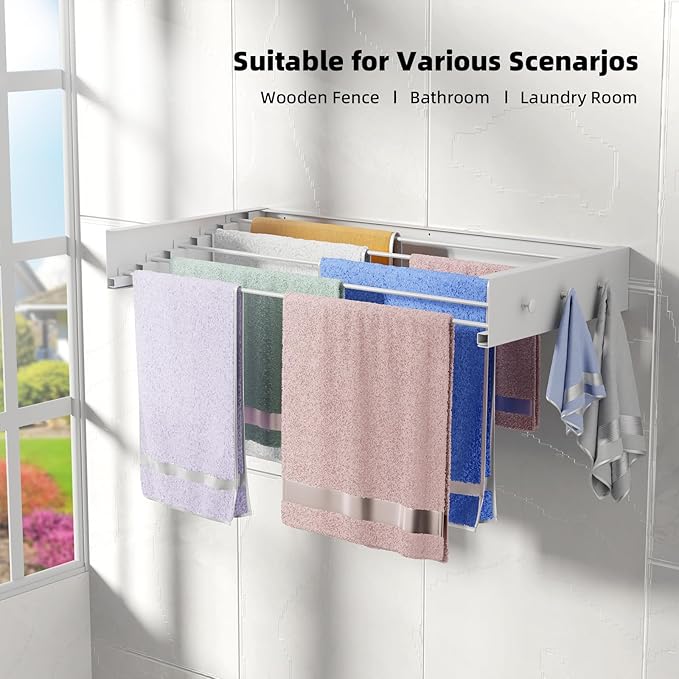 Upgrade Laundry Drying Rack, 31.5" Drying Rack Clothing Wall Mounted,Foldable, 5 Aluminum Rods with 6 Hooks, Space-Saving White Collapsible Drying Racks Hanger for Laundry Bathroom
