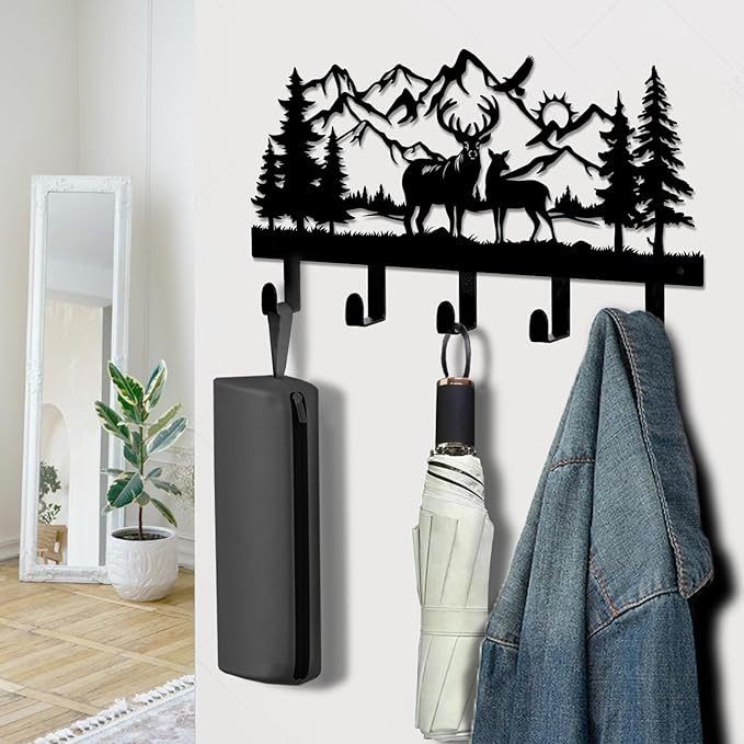 Deer Mountain Metal Key Holder Wall Mount Key Holder for Wall Rustic Cabin Decor Key Rack Hooks Hanger Woodland Wildlife Wall Art Entryway Organizer Housewarming Hunting Gifts