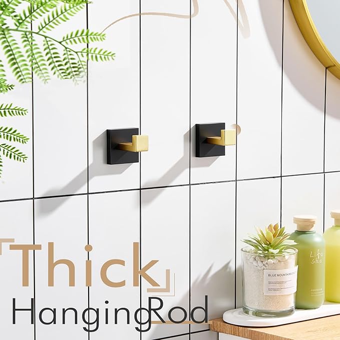 KOKOSIRI Robe Hooks for Bathrooms Towel Hooks Coat Hook Kitchen Garage Heavy Duty Wall Mounted Stainless Steel Brushed Gold and Matte Black, 2 Pack B1010GDK-P2