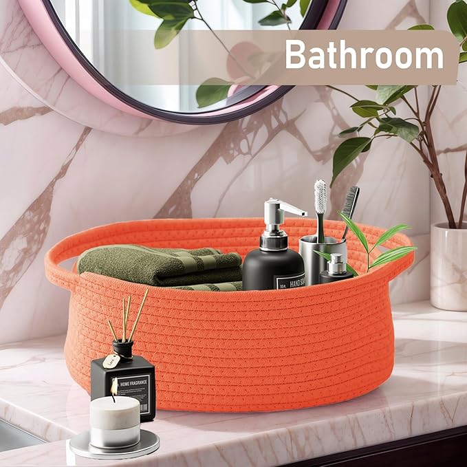 Woven Basket,Small Rope Storage Bin with Handles & Ribbon Bag, Organizer for Shelves Closets,Gift Basket Empty for Birthday,Books,Dog Toys,Orange