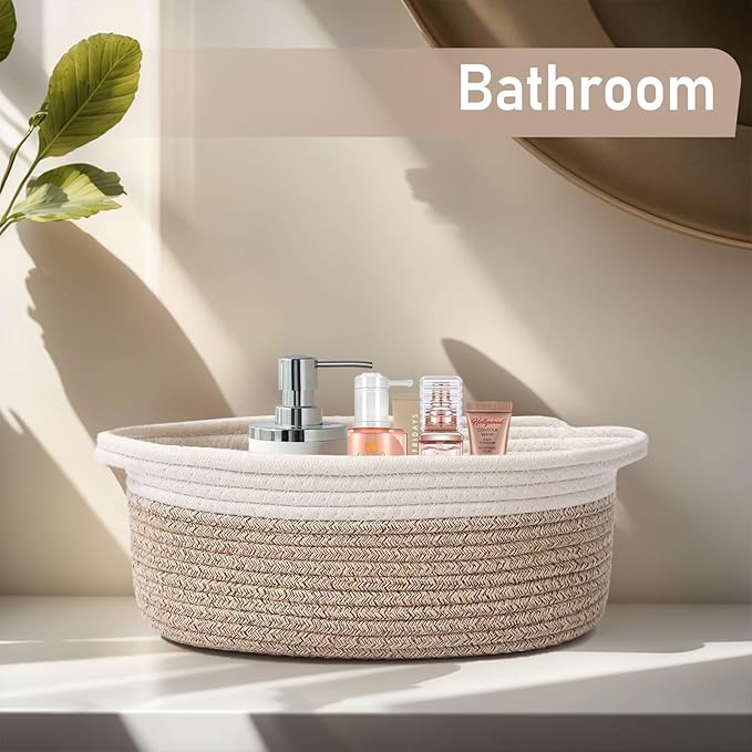 Woven Basket, Small Rope Storage Bin with Handles & Ribbon Bag, Organizer for Shelves Closets, Empty Gift Basket for Birthday, Books, Dog Toys, White & Oatmeal/3 Pack