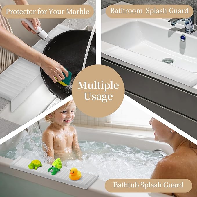 Silicon Edge Protectors for Kitchen Sink, Splash Guard With Suction Cups, Upgraded Design for Quartz, Granite, Bathtub (White, 14" x 4")