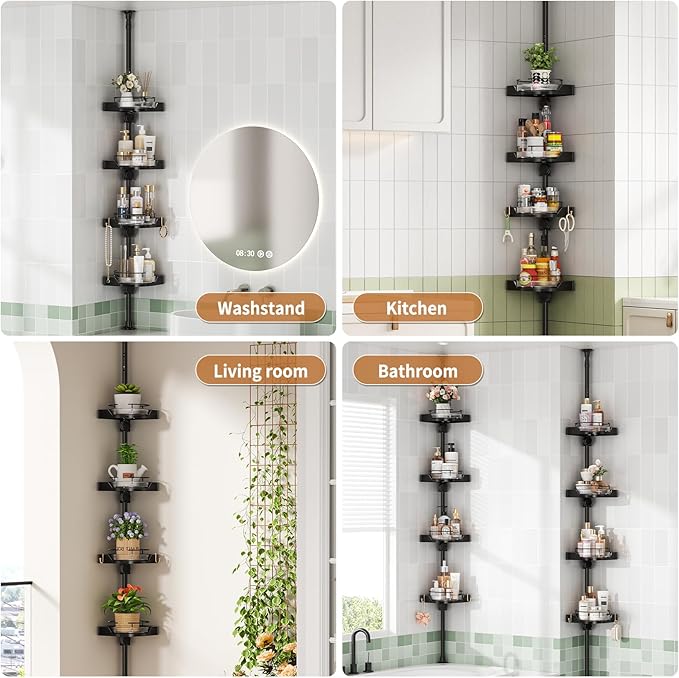 360° Rotating Shower Caddy Tension Pole, 4 Tiers Corner Shower Organizer for Bathroom Shelf Bathtub, Adjustable Standing Shower Rack Bathroom Accessories, Easily Assemble, 34-124 Inch Height, Black