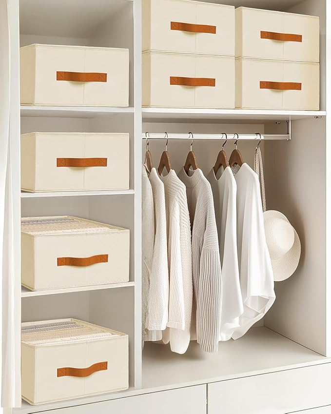 Closet Organizers and Storage - Fabric Clothes Organizer with Handles, Foldable Jeans Organizer for Clothes, Drawer Organizer for Shirts, Bra, Sweater, Scarf, 8 Pack, Beige
